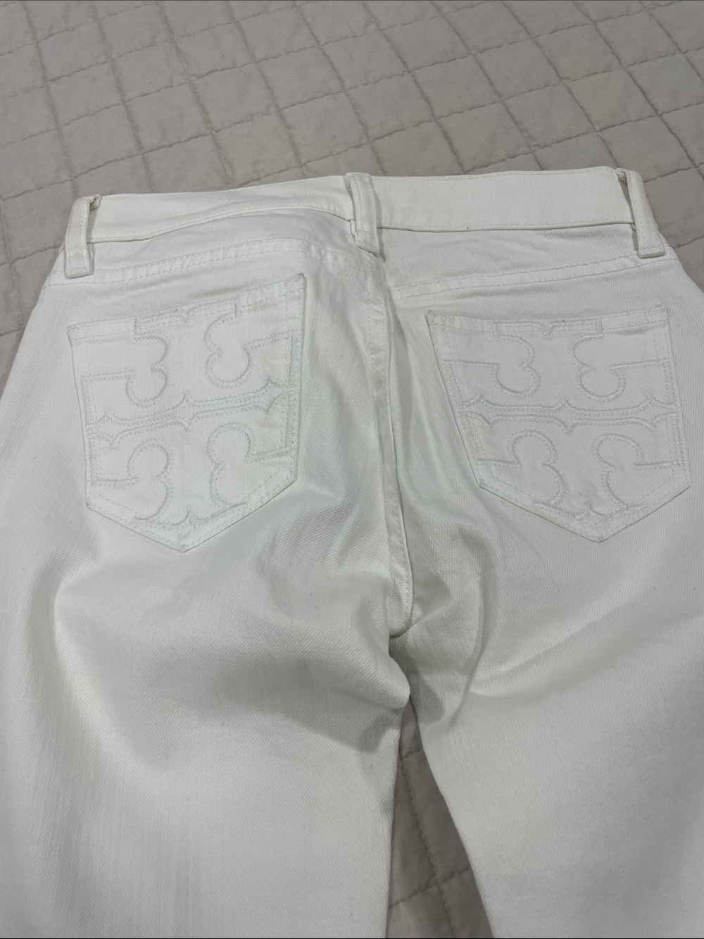 Tory Burch White High-Rise Jeans with Embroidered Logo Pockets